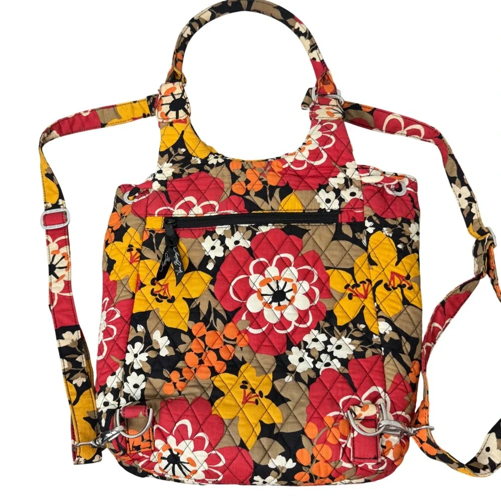 Vera Bradley Floral Nightingale Quilted Backpack Tote Red Orange Yellow Floral